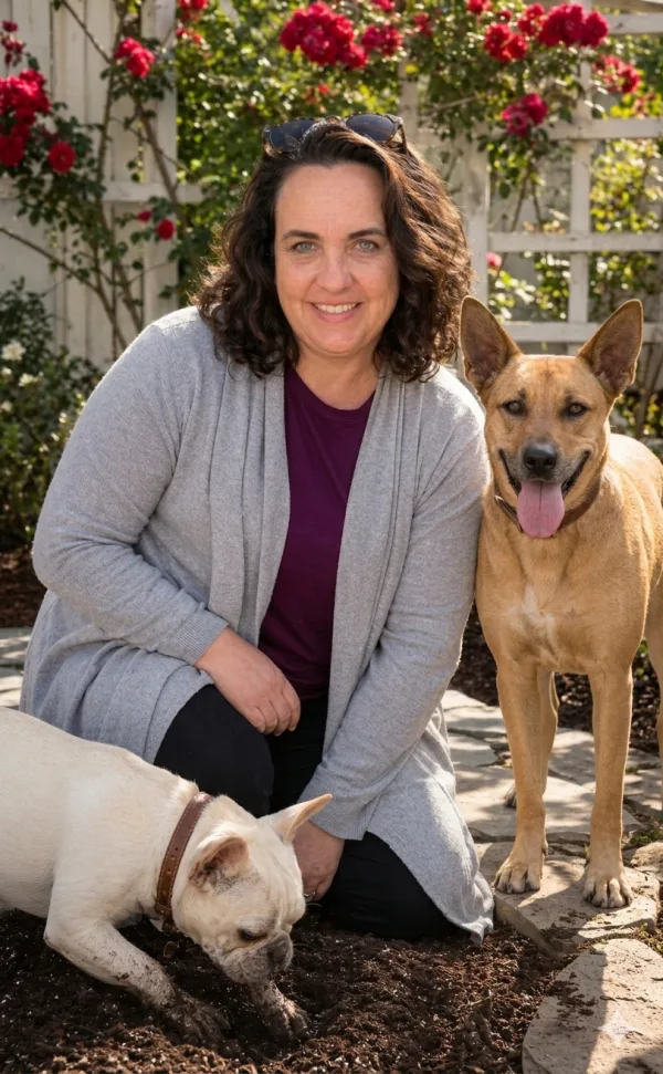 Deanna, founder of Oasis, kneeling in a rose garden with her two dogs