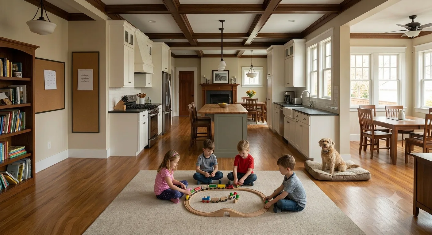 The same kitchen and family room reset: clear floors and counters, a rug laid out where the children play with a train set, and the dog settled on its bed