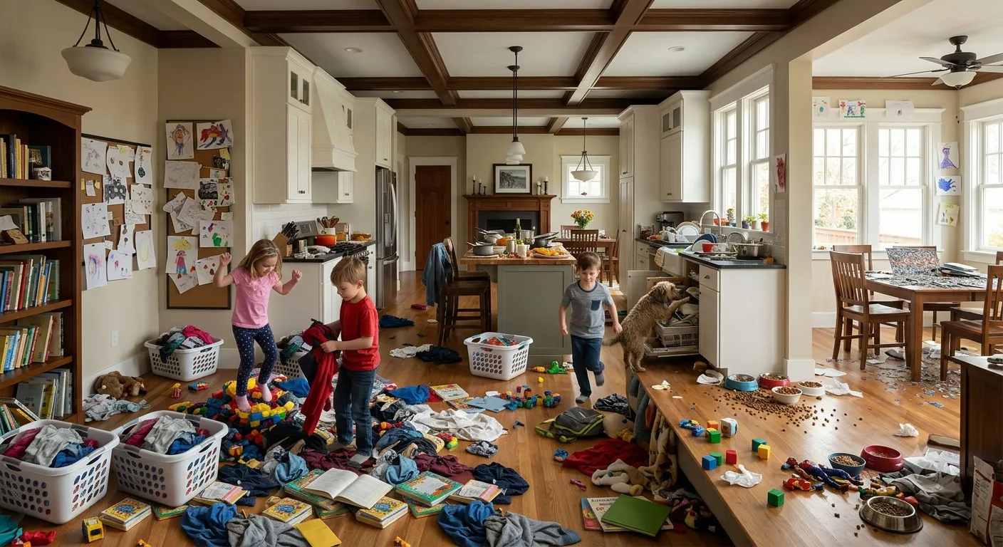 An open kitchen and family room mid-chaos: laundry baskets overflowing, toys and books across the floor, dishes stacked on the counter, and a dog into the spilled food bowls