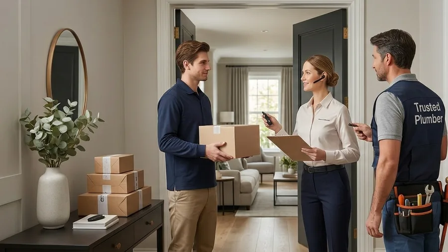 A household manager with a clipboard and headset receiving a parcel delivery in a home entryway while directing a plumber, with stacked packages on the console table behind her