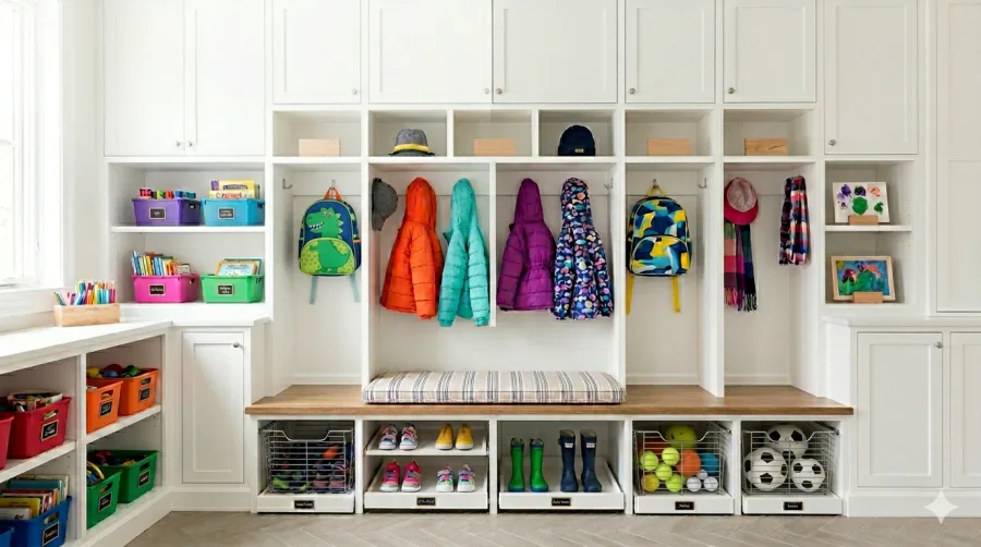 An organized mudroom with labeled cubbies and neatly hung coats